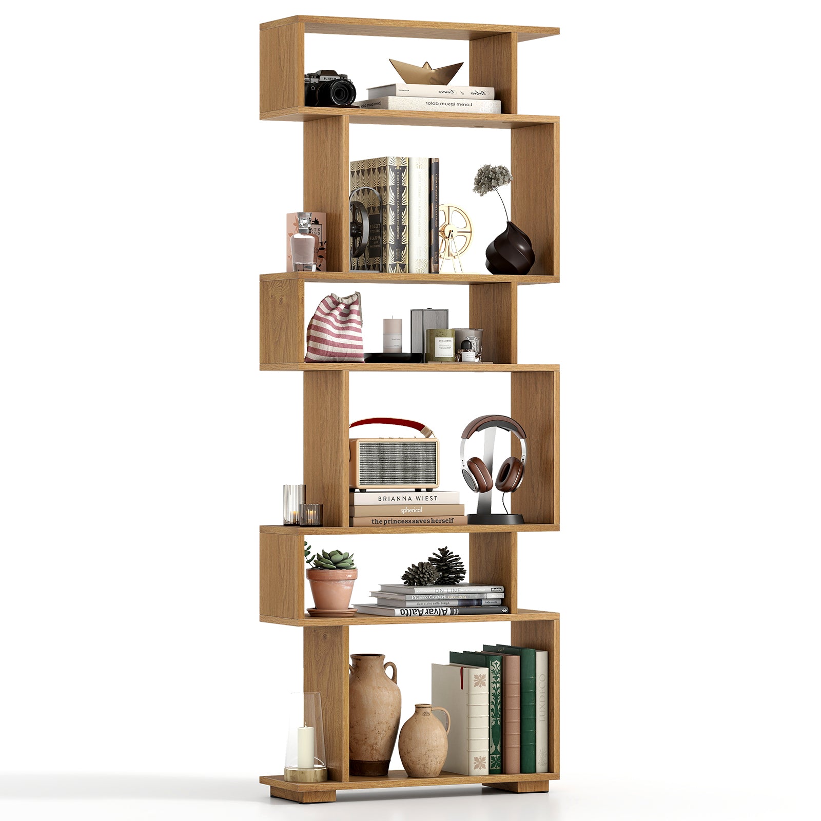 6-Tier Geometric Bookshelf with 2 Anti-Tipping Kits for Home Office-NA, Natural Bookcases at Gallery Canada