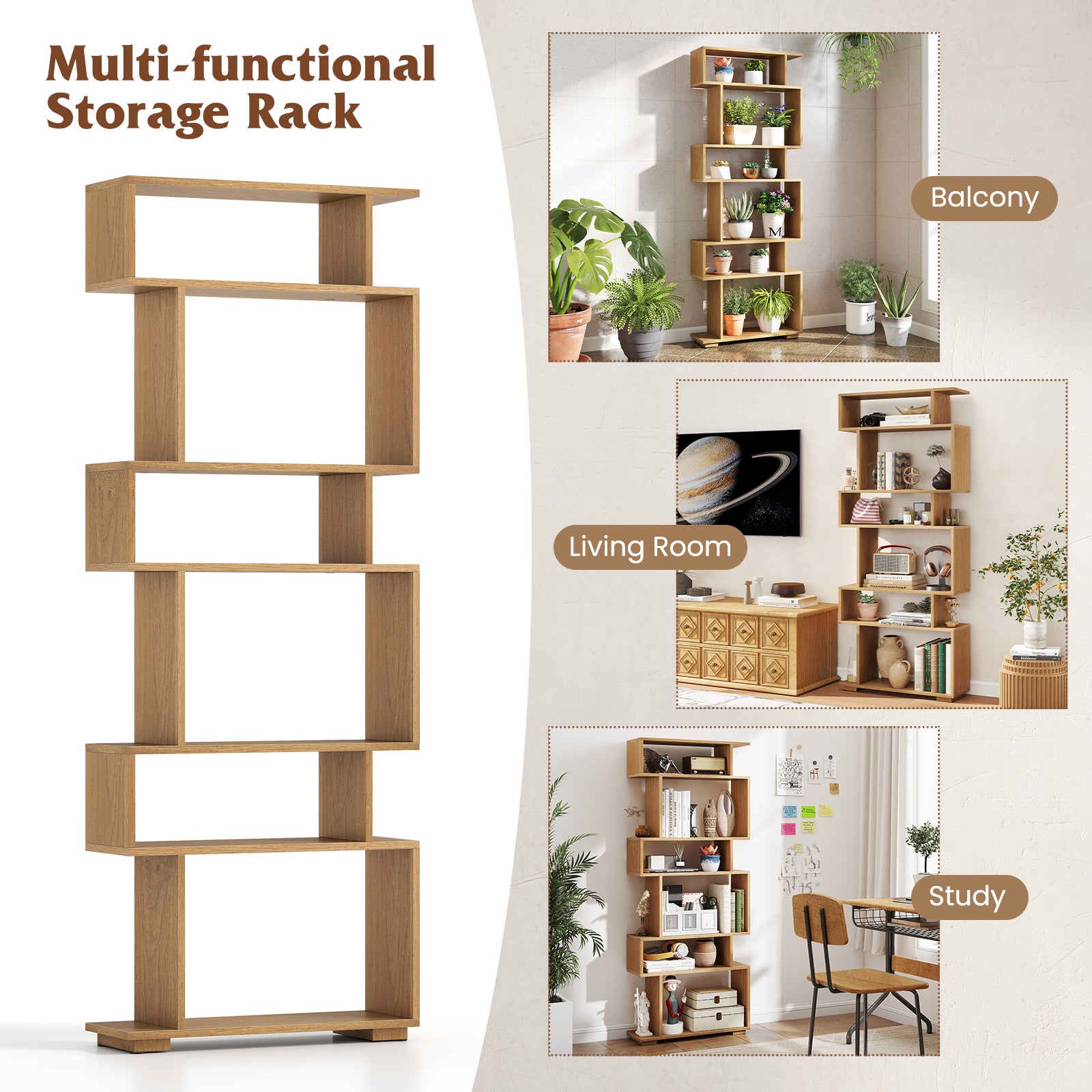 6-Tier Geometric Bookshelf with 2 Anti-Tipping Kits for Home Office-NA, Natural Bookcases at Gallery Canada