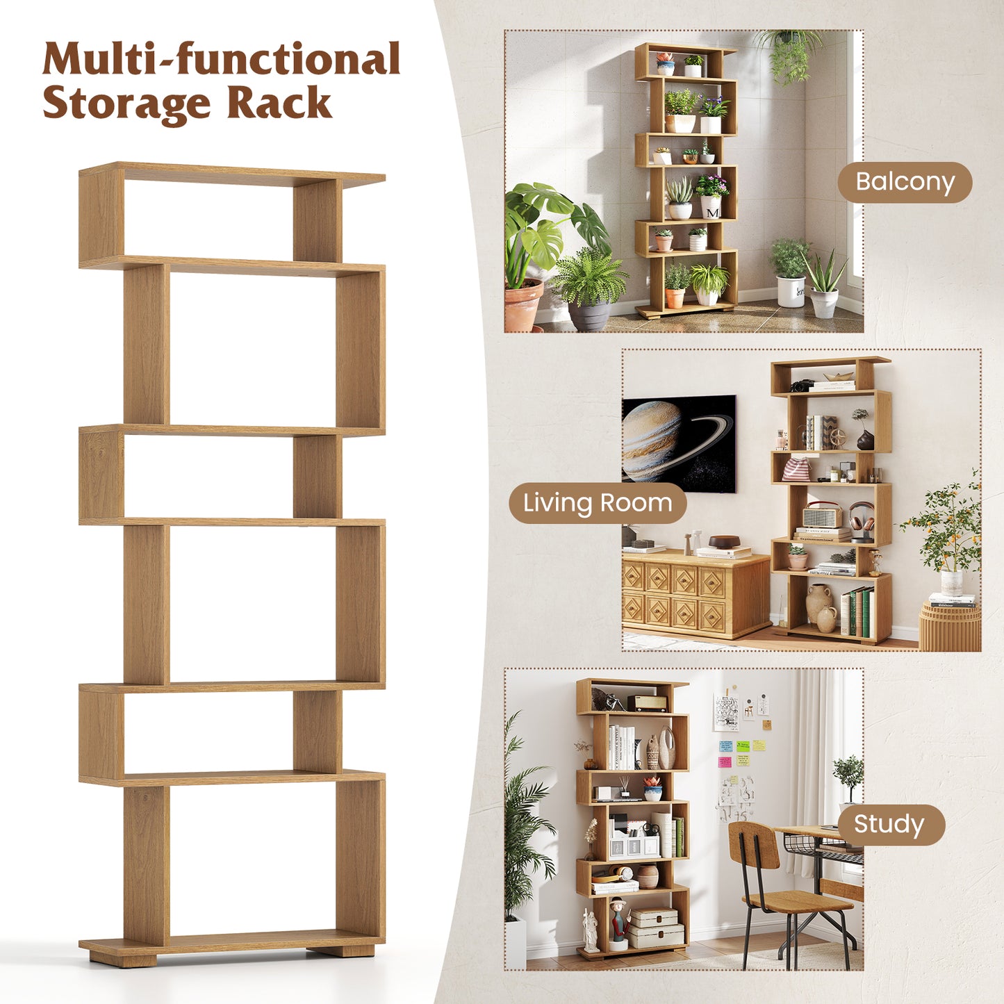 6-Tier Geometric Bookshelf with 2 Anti-Tipping Kits for Home Office-NA, Natural Bookcases at Gallery Canada