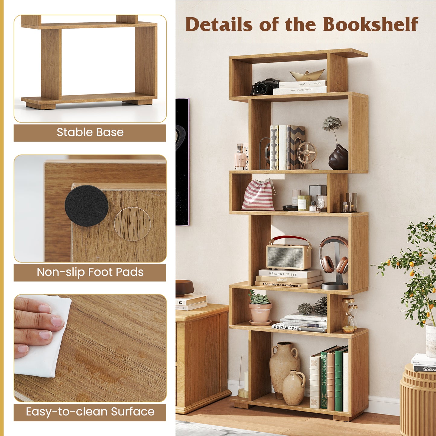 6-Tier Geometric Bookshelf with 2 Anti-Tipping Kits for Home Office-NA, Natural Bookcases at Gallery Canada