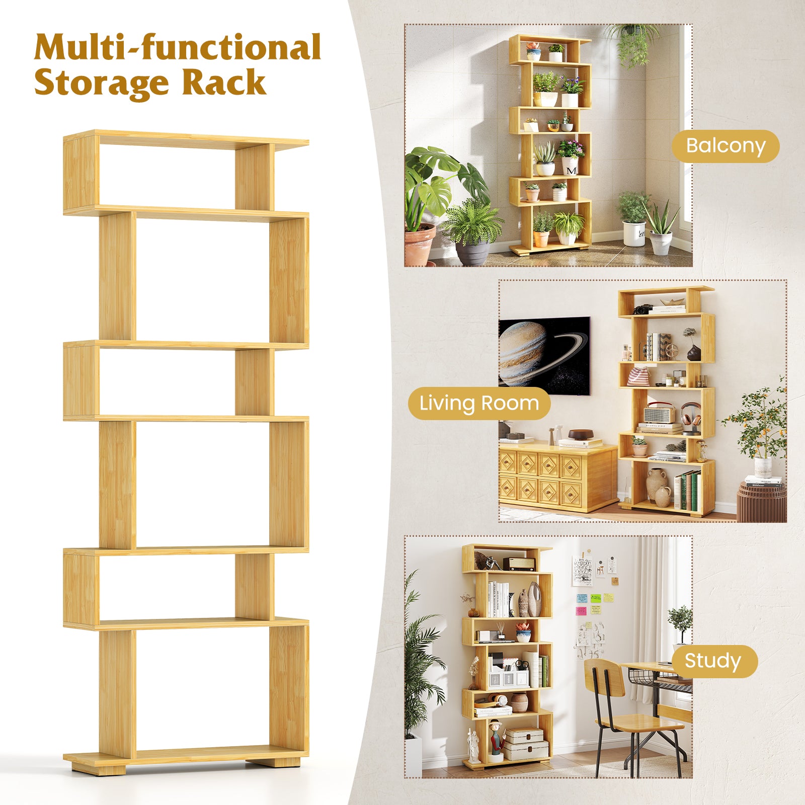 6-Tier Geometric Bookshelf with 2 Anti-Tipping Kits for Home Office-BE, Wood Bookcases at Gallery Canada