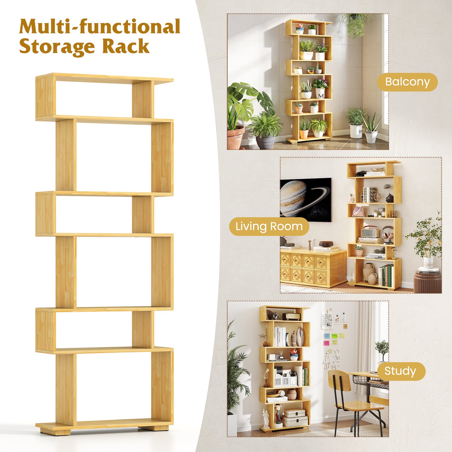 6-Tier Geometric Bookshelf with 2 Anti-Tipping Kits for Home Office-BE, Wood Bookcases at Gallery Canada