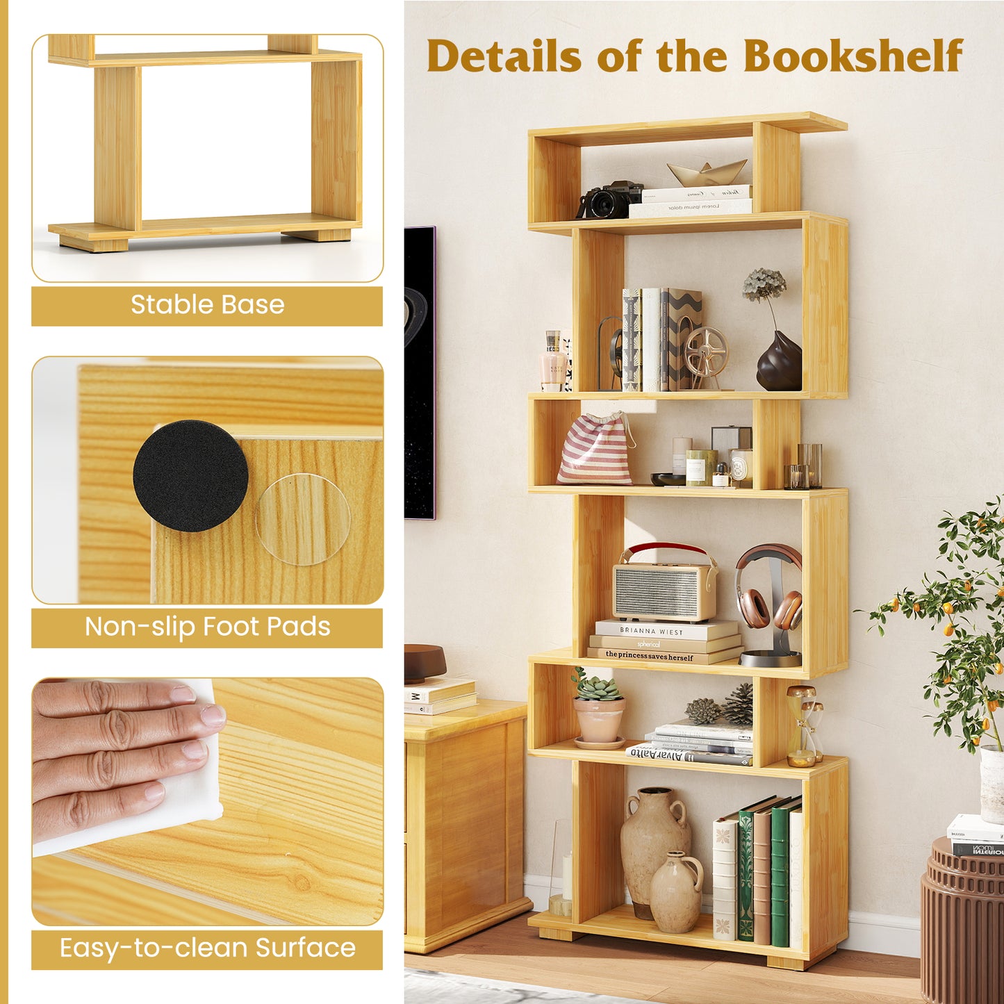6-Tier Geometric Bookshelf with 2 Anti-Tipping Kits for Home Office-BE, Wood Bookcases at Gallery Canada