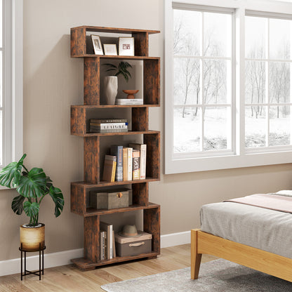 6-Tier Geometric Bookshelf with 2 Anti-Tipping Kits for Home Office, Rustic Brown Bookcases at Gallery Canada