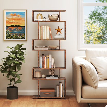 6-Tier Geometric Bookshelf with 2 Anti-Tipping Kits for Home Office, Rustic Brown Bookcases at Gallery Canada