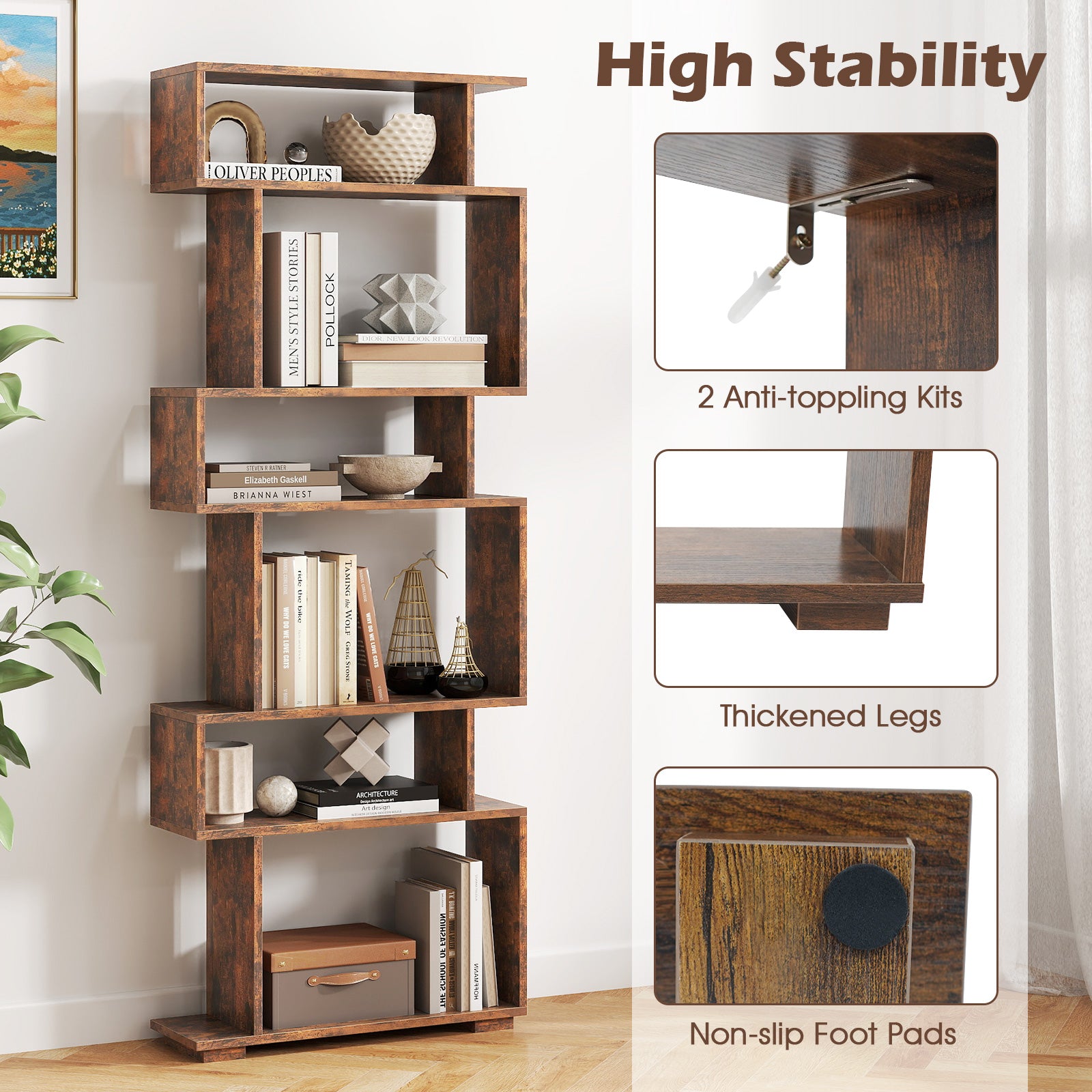 6-Tier Geometric Bookshelf with 2 Anti-Tipping Kits for Home Office, Rustic Brown Bookcases at Gallery Canada