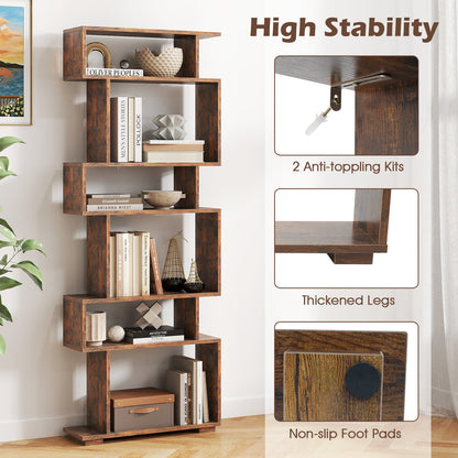 6-Tier Geometric Bookshelf with 2 Anti-Tipping Kits for Home Office, Rustic Brown Bookcases at Gallery Canada