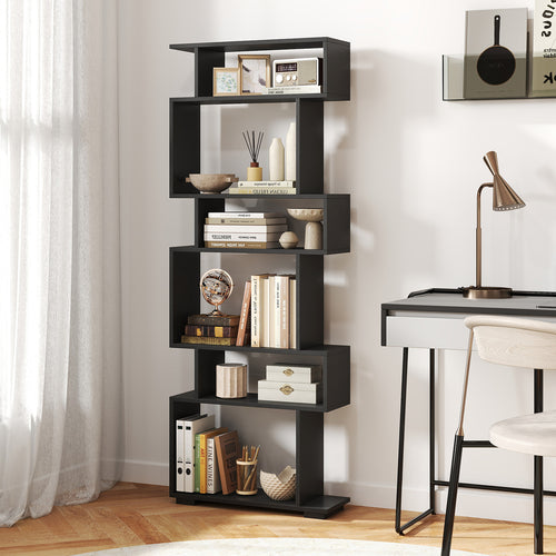 6-Tier Geometric Bookshelf, 2 Anti-Tipping Kits, Black