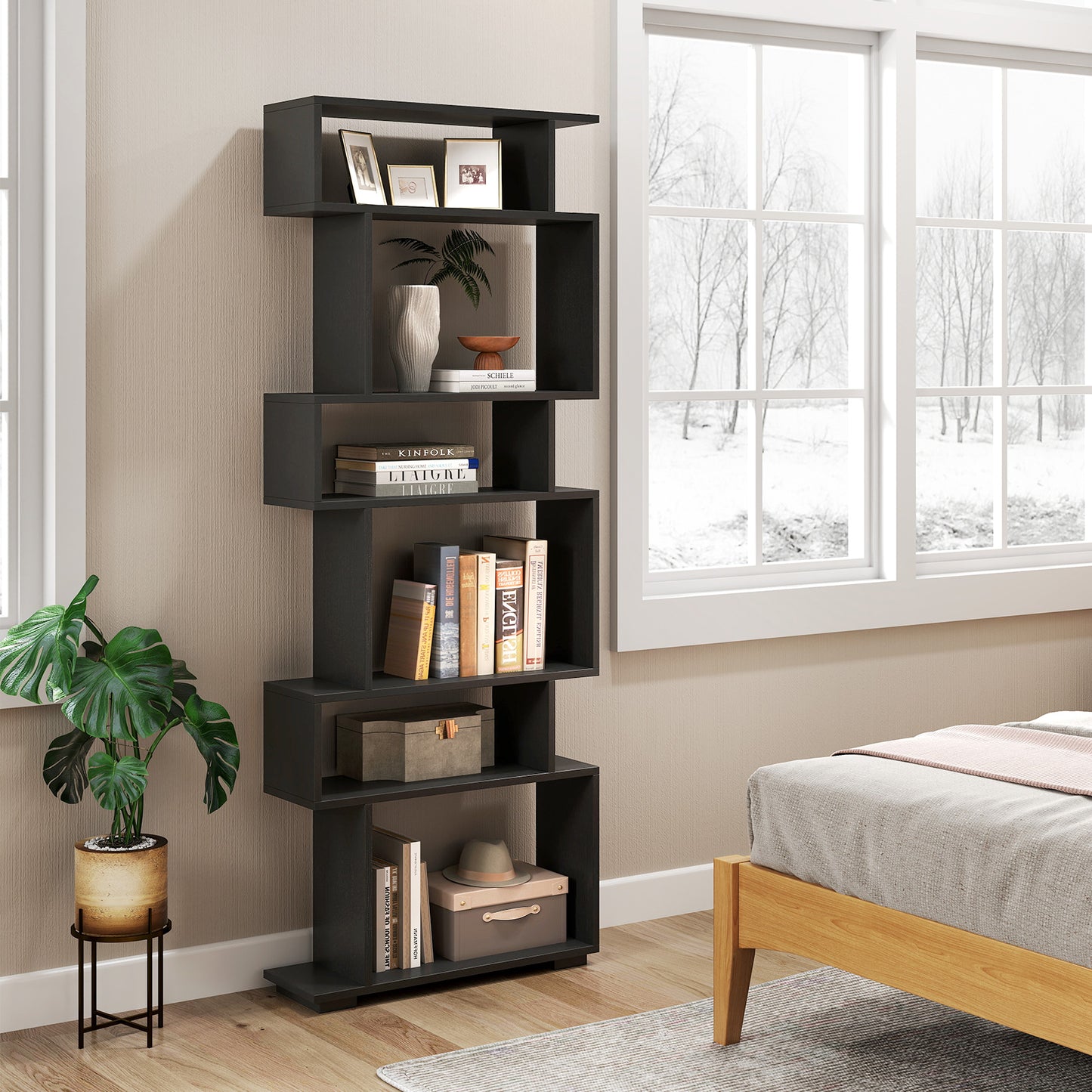 6-Tier Geometric Bookshelf, 2 Anti-Tipping Kits, Black Bookcases at Gallery Canada