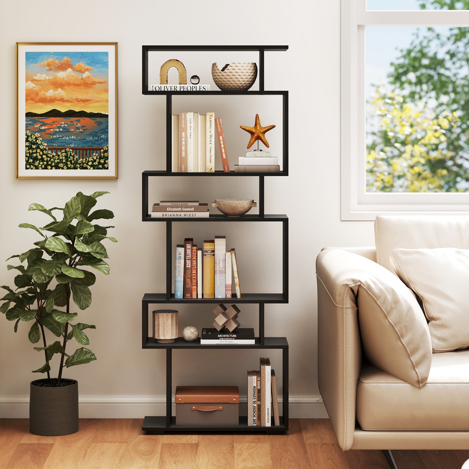 6-Tier Geometric Bookshelf, 2 Anti-Tipping Kits, Black Bookcases at Gallery Canada