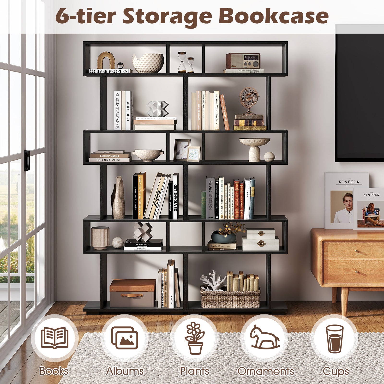 6-Tier Geometric Bookshelf, 2 Anti-Tipping Kits, Black Bookcases at Gallery Canada