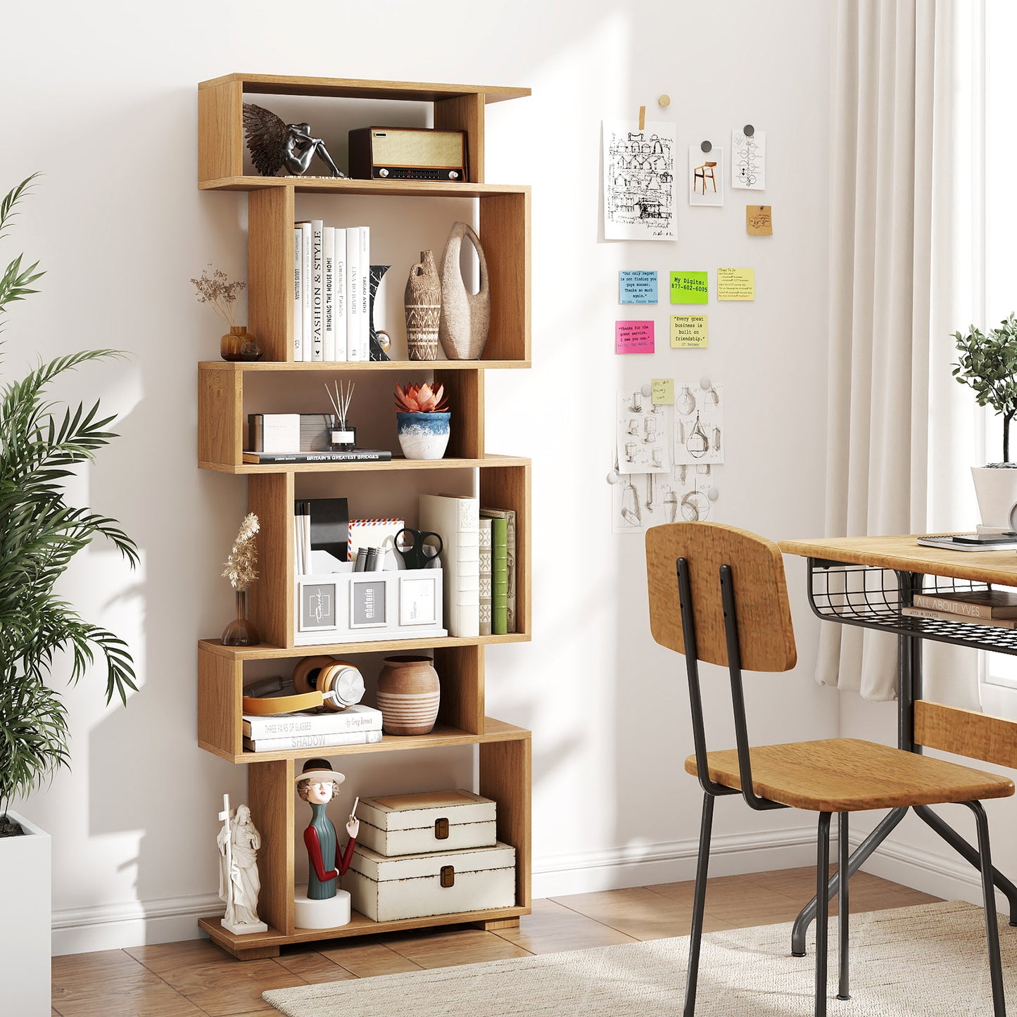 6-Tier Geometric Bookshelf with 2 Anti-Tipping Kits for Home Office-NA, Natural Bookcases at Gallery Canada