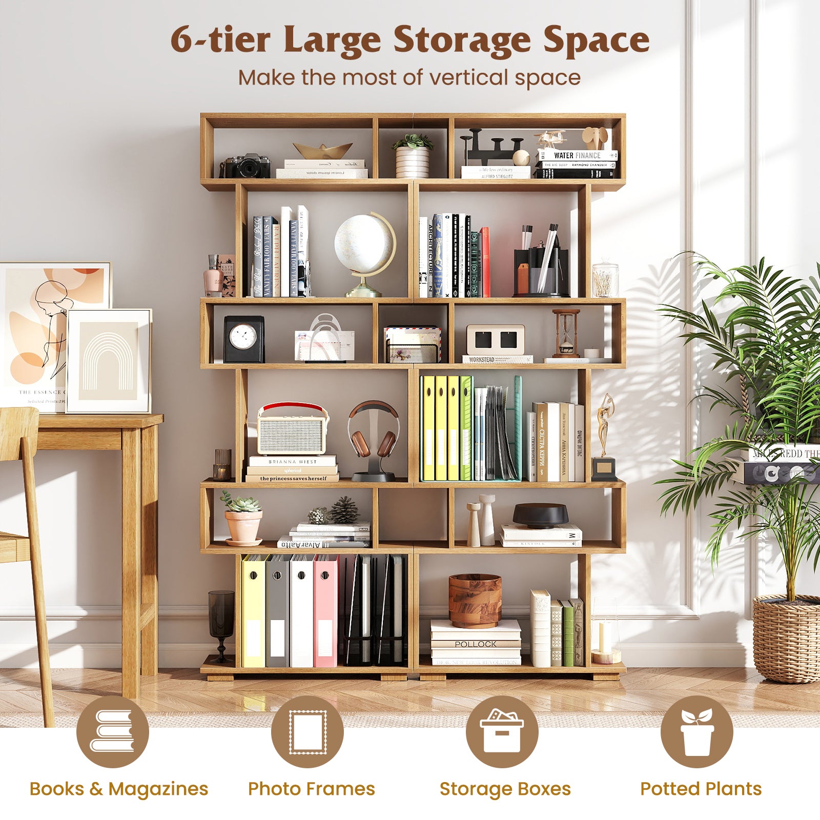 6-Tier Geometric Bookshelf with 2 Anti-Tipping Kits for Home Office-NA, Natural Bookcases at Gallery Canada