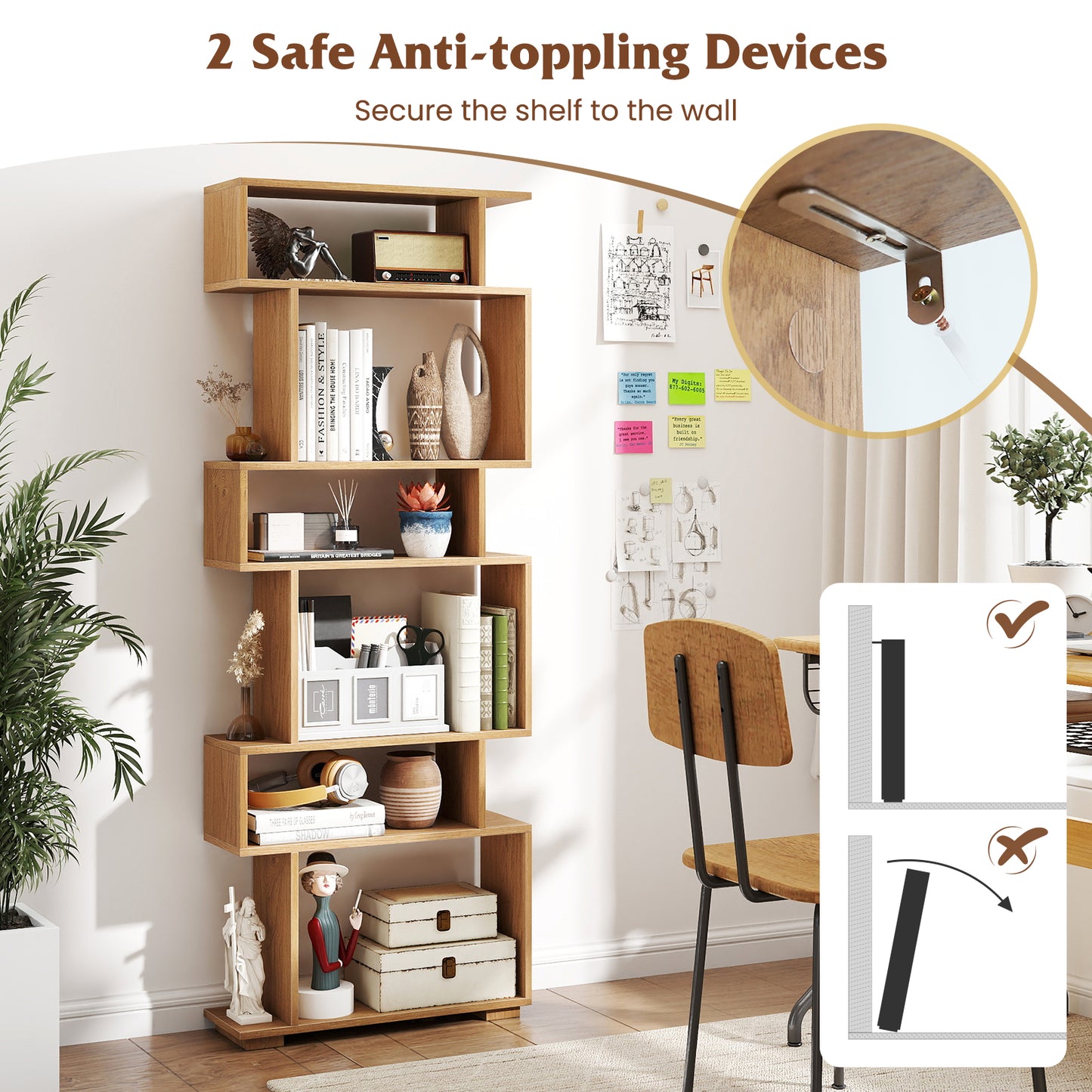 6-Tier Geometric Bookshelf with 2 Anti-Tipping Kits for Home Office-NA, Natural Bookcases at Gallery Canada