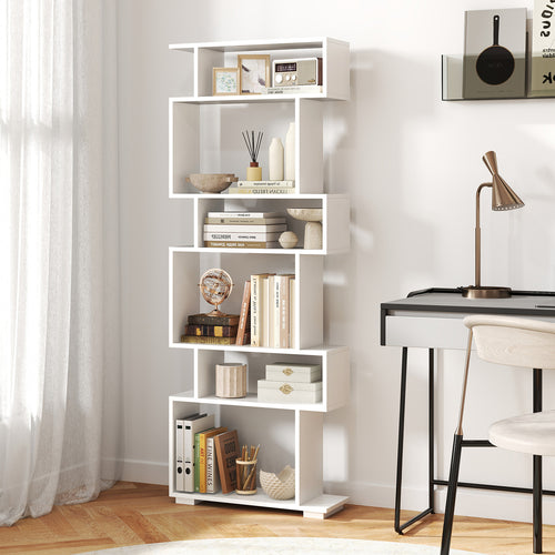 6-Tier Geometric Bookshelf, 2 Anti-Tipping Kits, White