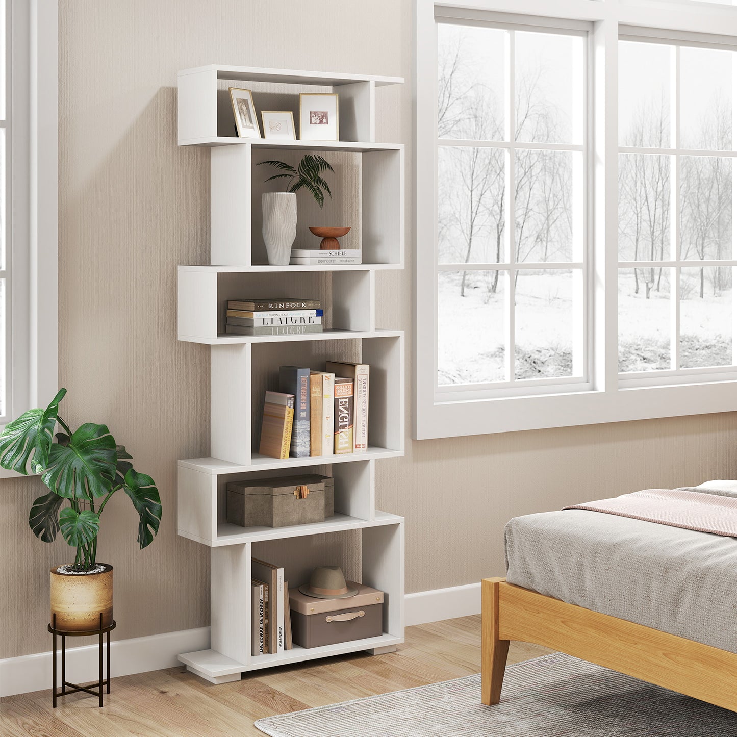 6-Tier Geometric Bookshelf, 2 Anti-Tipping Kits, White Bookcases at Gallery Canada