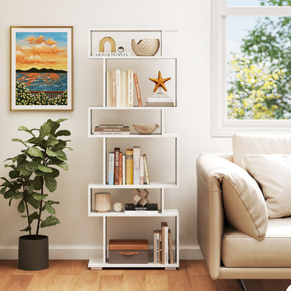 6-Tier Geometric Bookshelf, 2 Anti-Tipping Kits, White Bookcases at Gallery Canada
