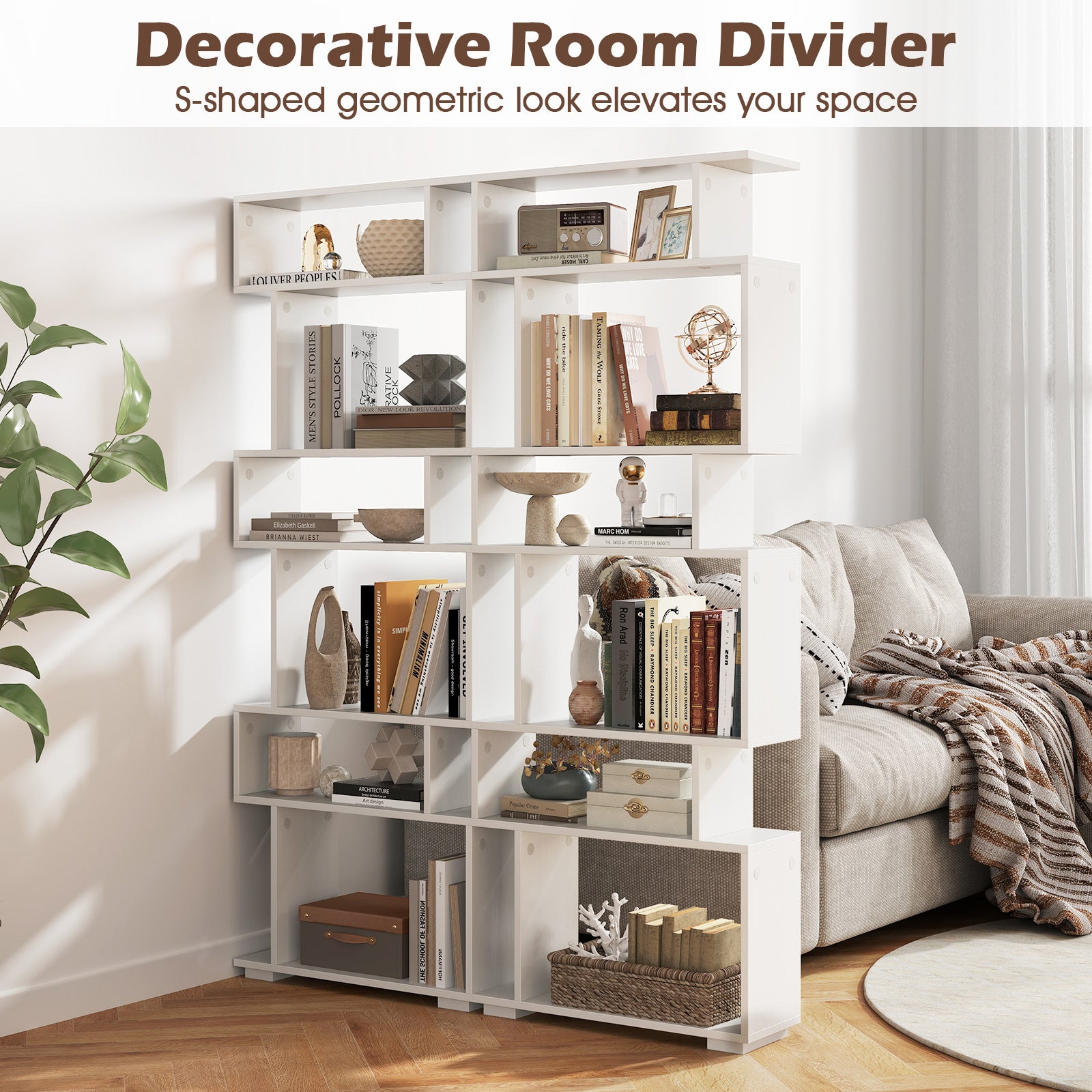 6-Tier Geometric Bookshelf, 2 Anti-Tipping Kits, White Bookcases at Gallery Canada