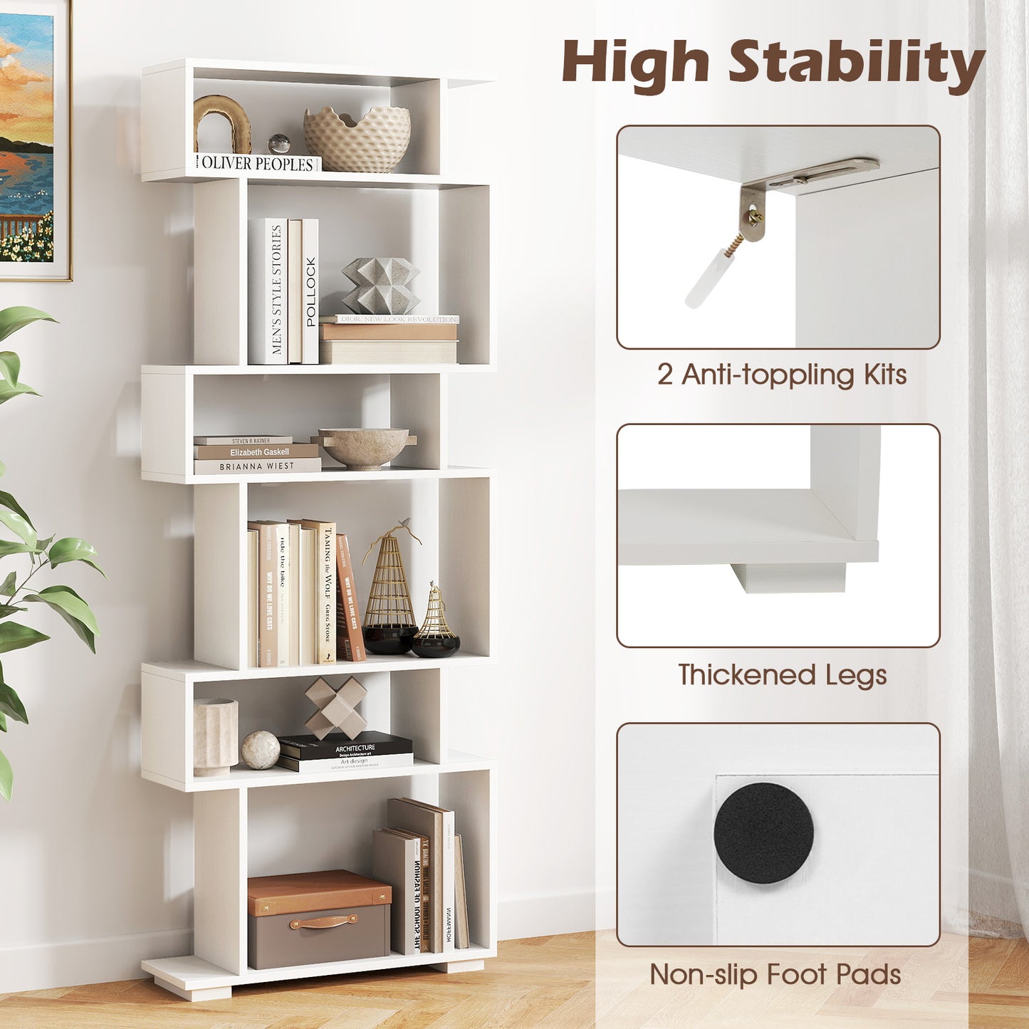6-Tier Geometric Bookshelf, 2 Anti-Tipping Kits, White Bookcases at Gallery Canada