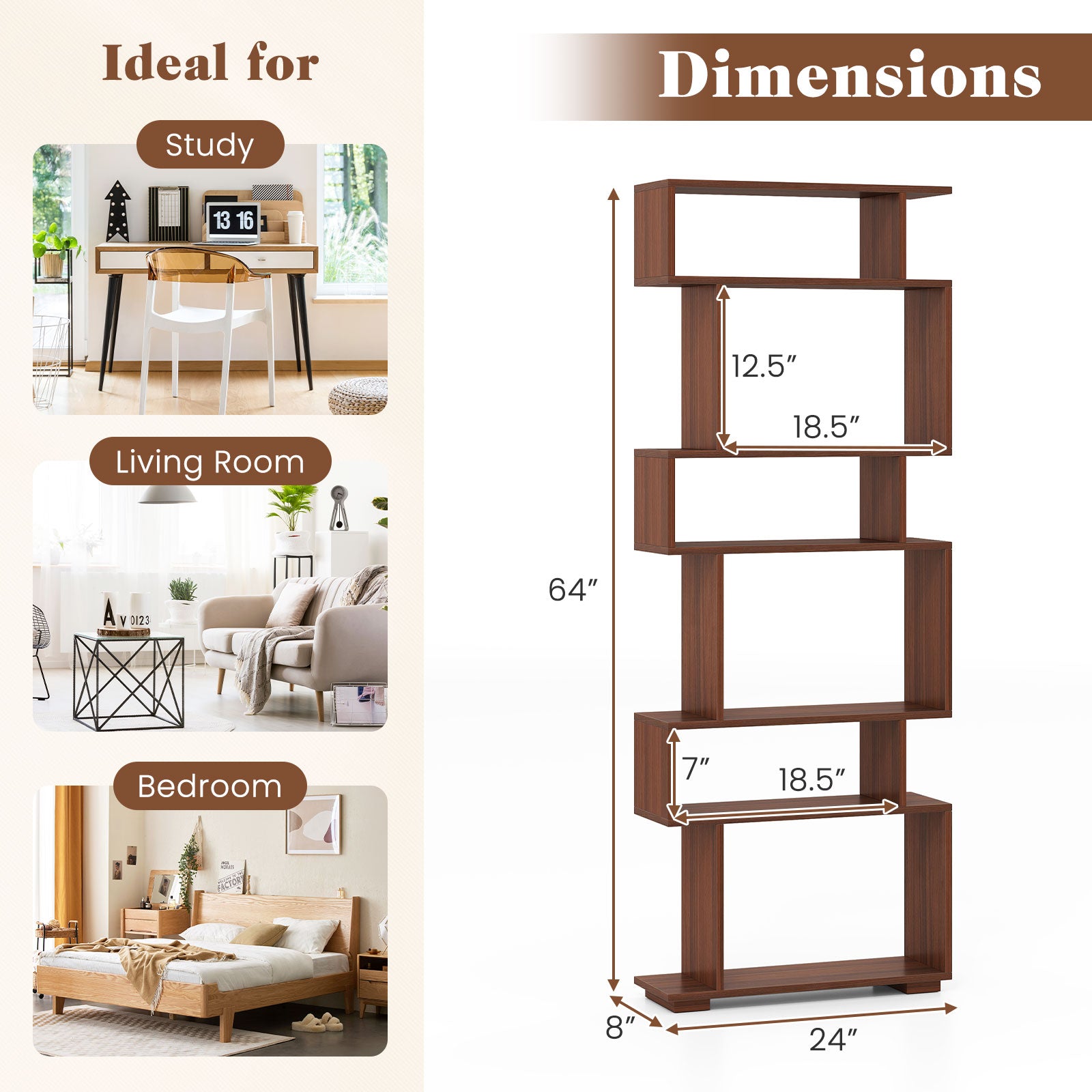6-Tier Geometric Bookshelf, Walnut, 2 Anti-Tipping Kits Bookcases at Gallery Canada