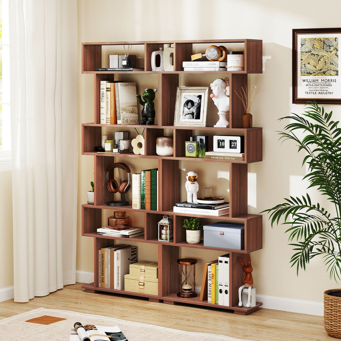6-Tier Geometric Bookshelf, Walnut, 2 Anti-Tipping Kits Bookcases at Gallery Canada