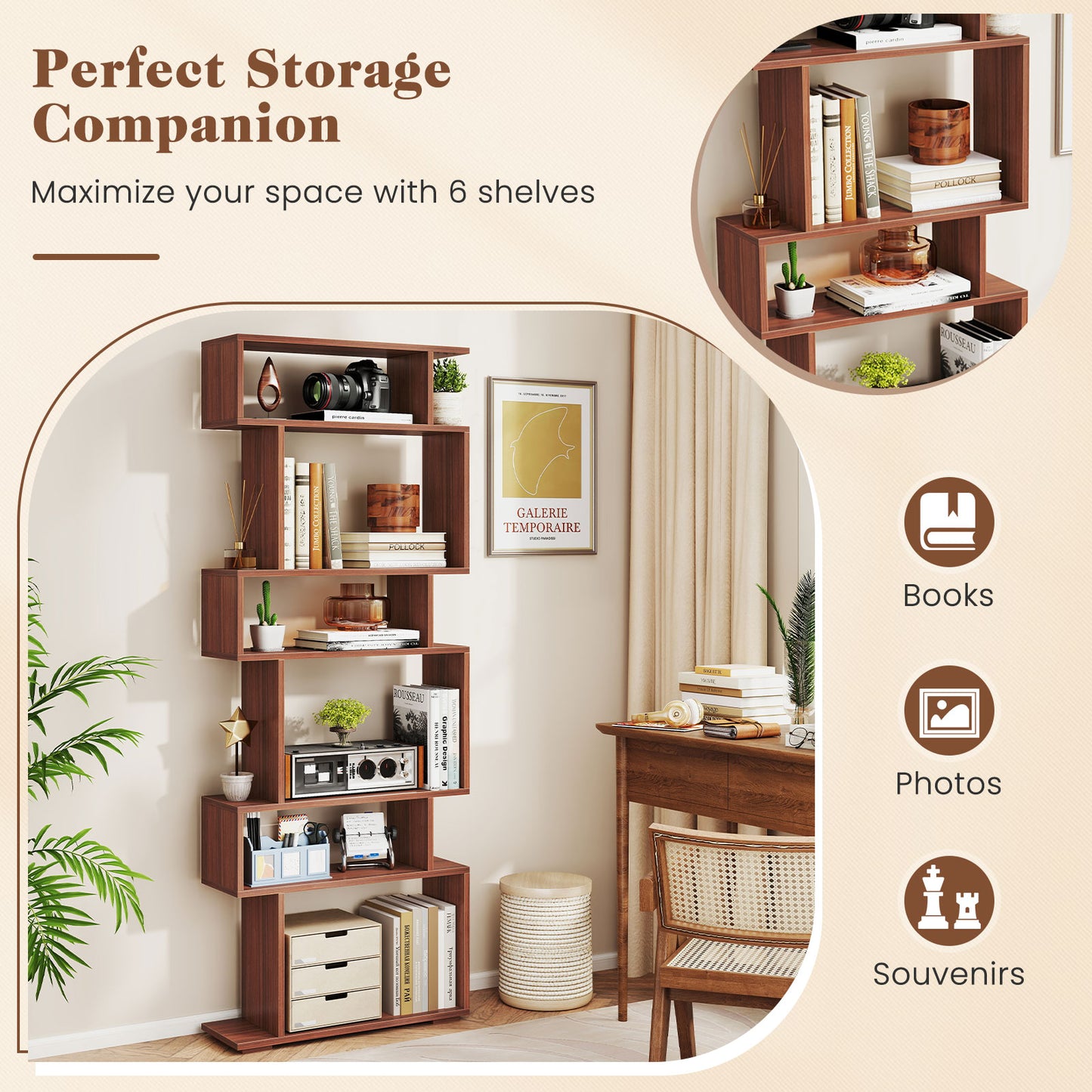6-Tier Geometric Bookshelf, Walnut, 2 Anti-Tipping Kits Bookcases at Gallery Canada