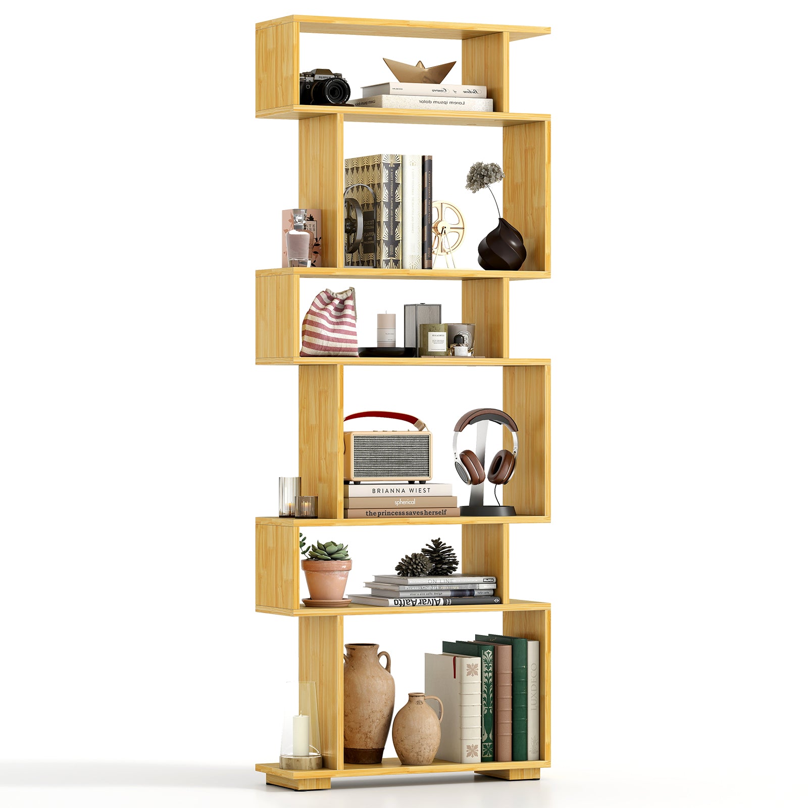 6-Tier Geometric Bookshelf with 2 Anti-Tipping Kits for Home Office-BE, Wood Bookcases Wood at Gallery Canada