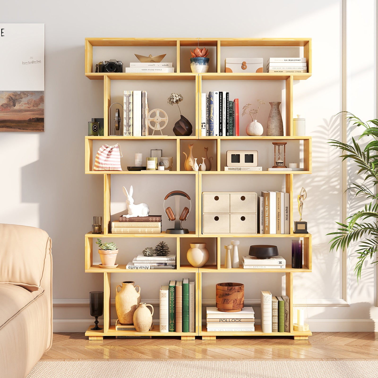 6-Tier Geometric Bookshelf with 2 Anti-Tipping Kits for Home Office-BE, Wood Bookcases at Gallery Canada