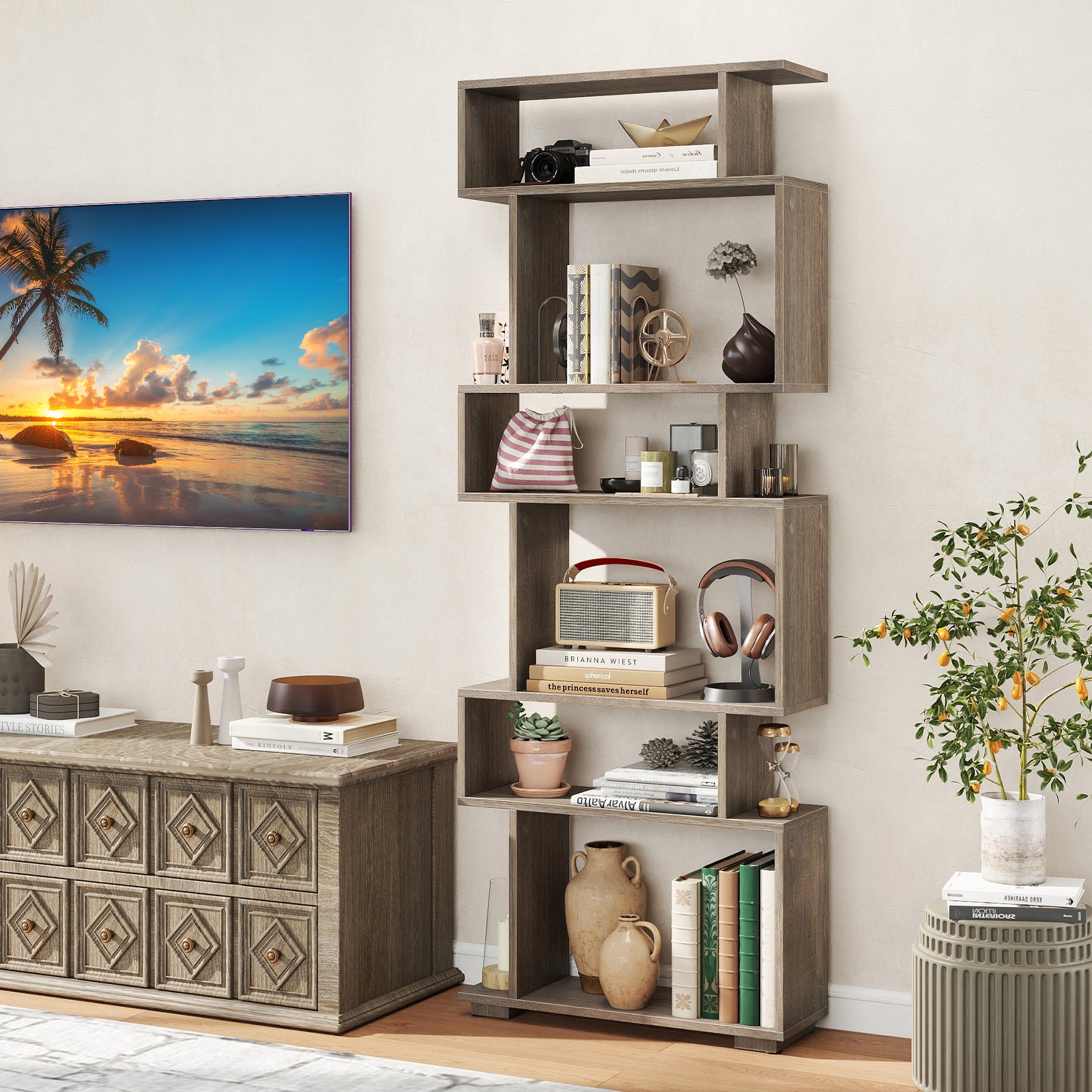6-Tier Geometric Bookshelf with 2 Anti-Tipping Kits for Home Office, Oak Bookcases at Gallery Canada