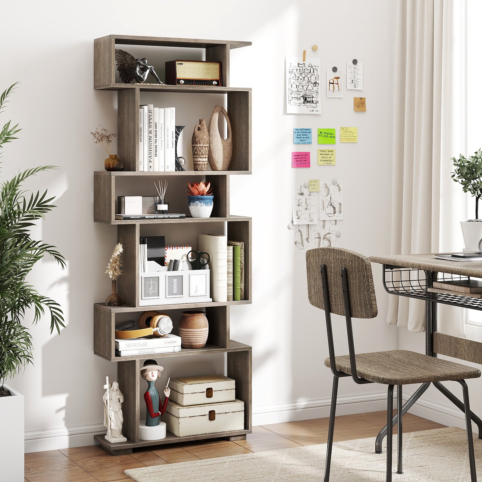 6-Tier Geometric Bookshelf with 2 Anti-Tipping Kits for Home Office, Oak Bookcases at Gallery Canada