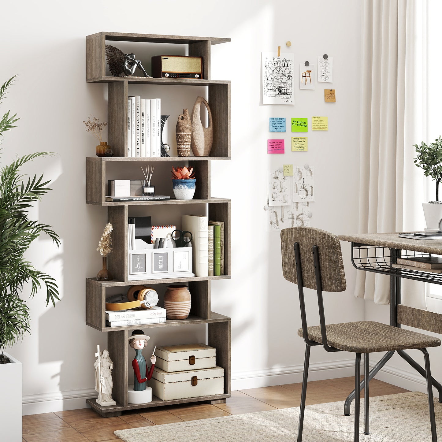 6-Tier Geometric Bookshelf with 2 Anti-Tipping Kits for Home Office, Oak Bookcases at Gallery Canada