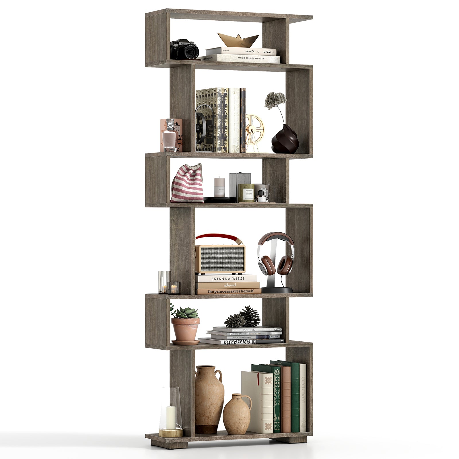 6-Tier Geometric Bookshelf with 2 Anti-Tipping Kits for Home Office, Oak Bookcases Oak at Gallery Canada