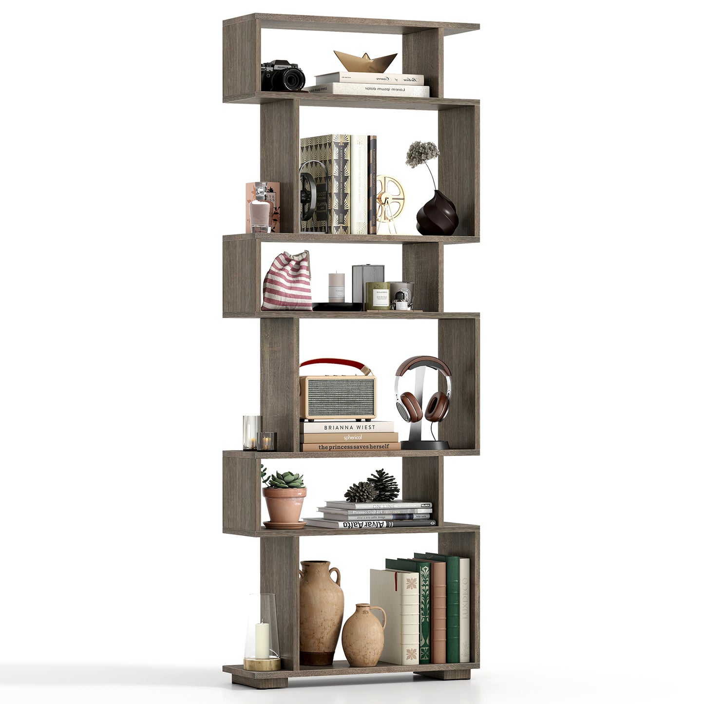 6-Tier Geometric Bookshelf with 2 Anti-Tipping Kits for Home Office, Oak Bookcases Oak at Gallery Canada