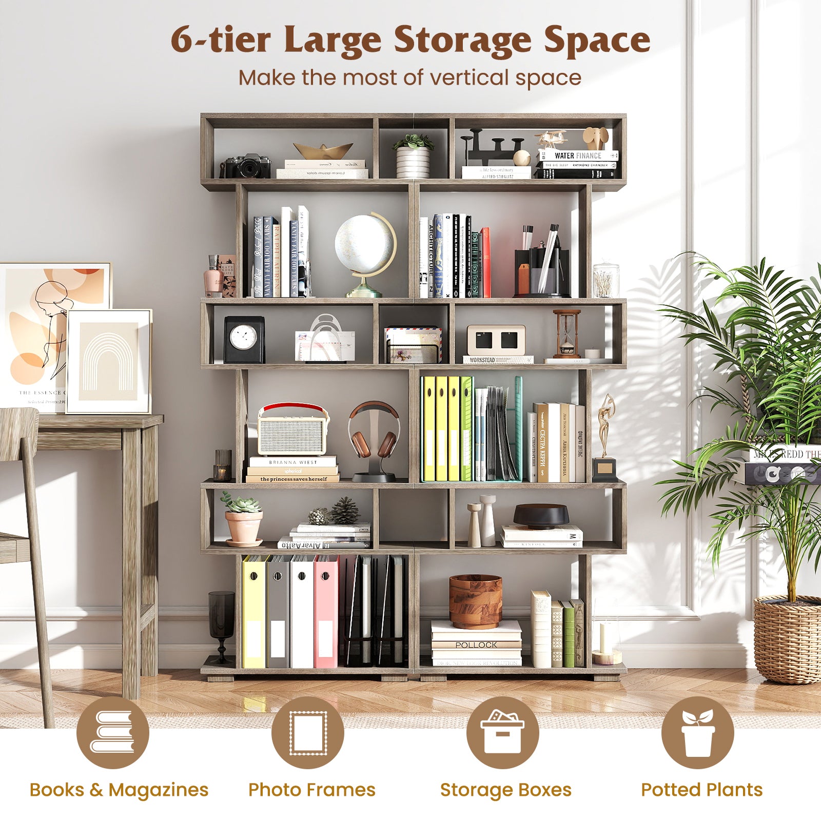6-Tier Geometric Bookshelf with 2 Anti-Tipping Kits for Home Office, Oak Bookcases at Gallery Canada