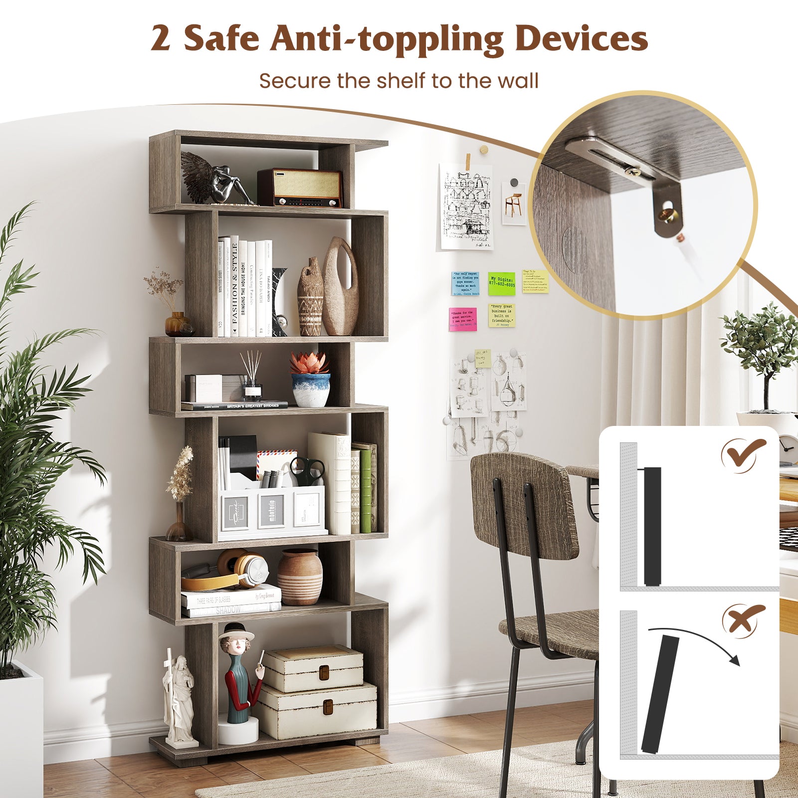 6-Tier Geometric Bookshelf with 2 Anti-Tipping Kits for Home Office, Oak Bookcases at Gallery Canada