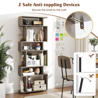 6-Tier Geometric Bookshelf with 2 Anti-Tipping Kits for Home Office, Oak Bookcases at Gallery Canada
