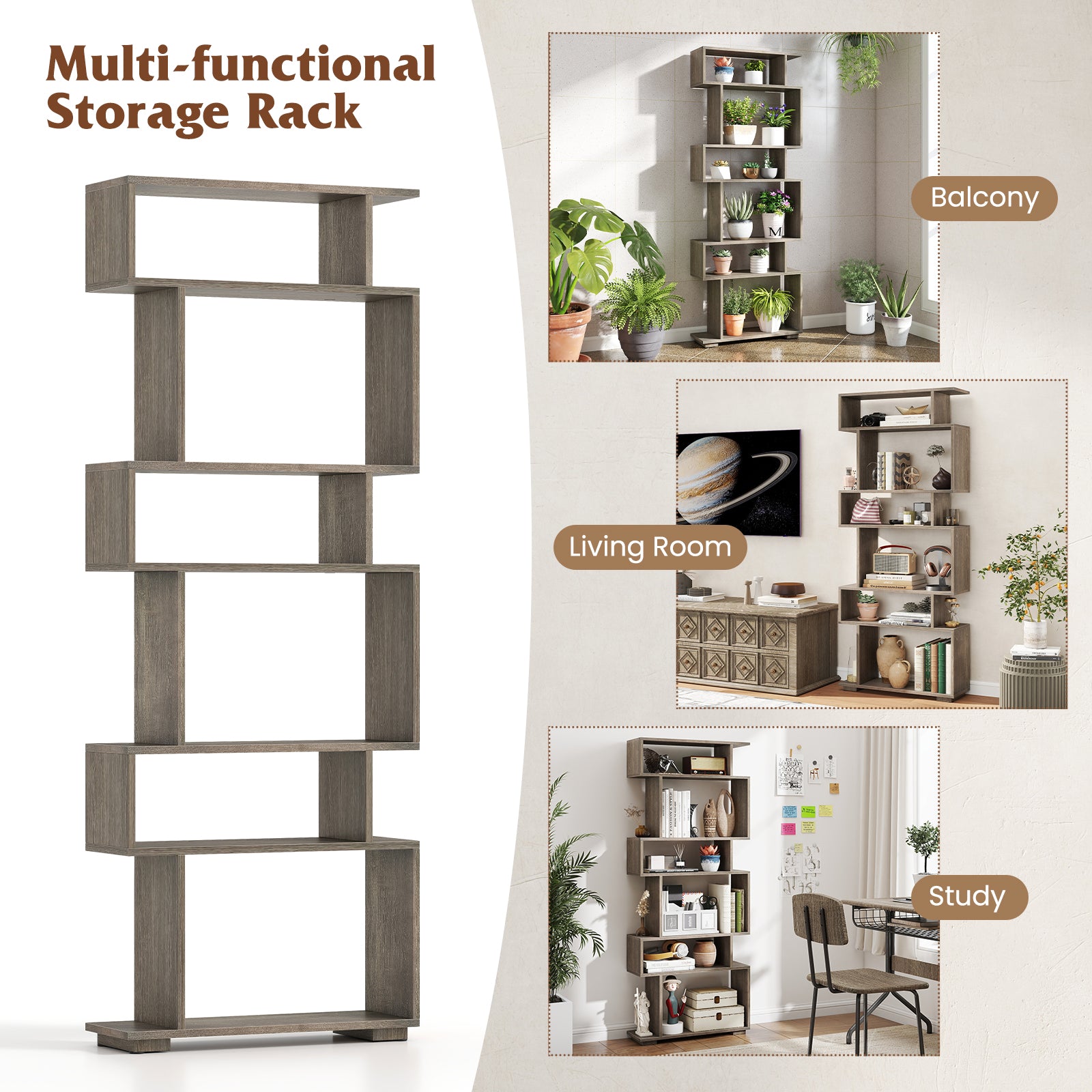6-Tier Geometric Bookshelf with 2 Anti-Tipping Kits for Home Office, Oak Bookcases at Gallery Canada