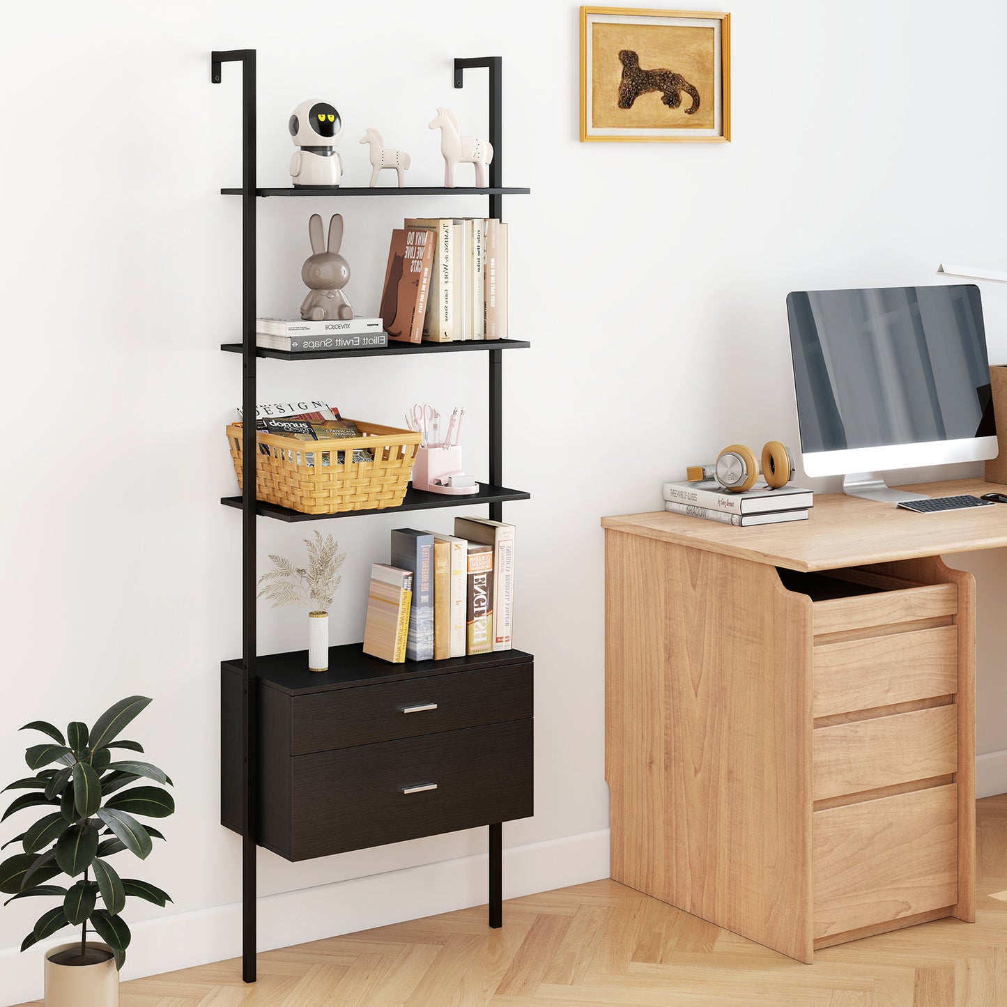 6-Tier Ladder Bookcase with 2 Drawers and Metal Frame, Black Bookcases at Gallery Canada
