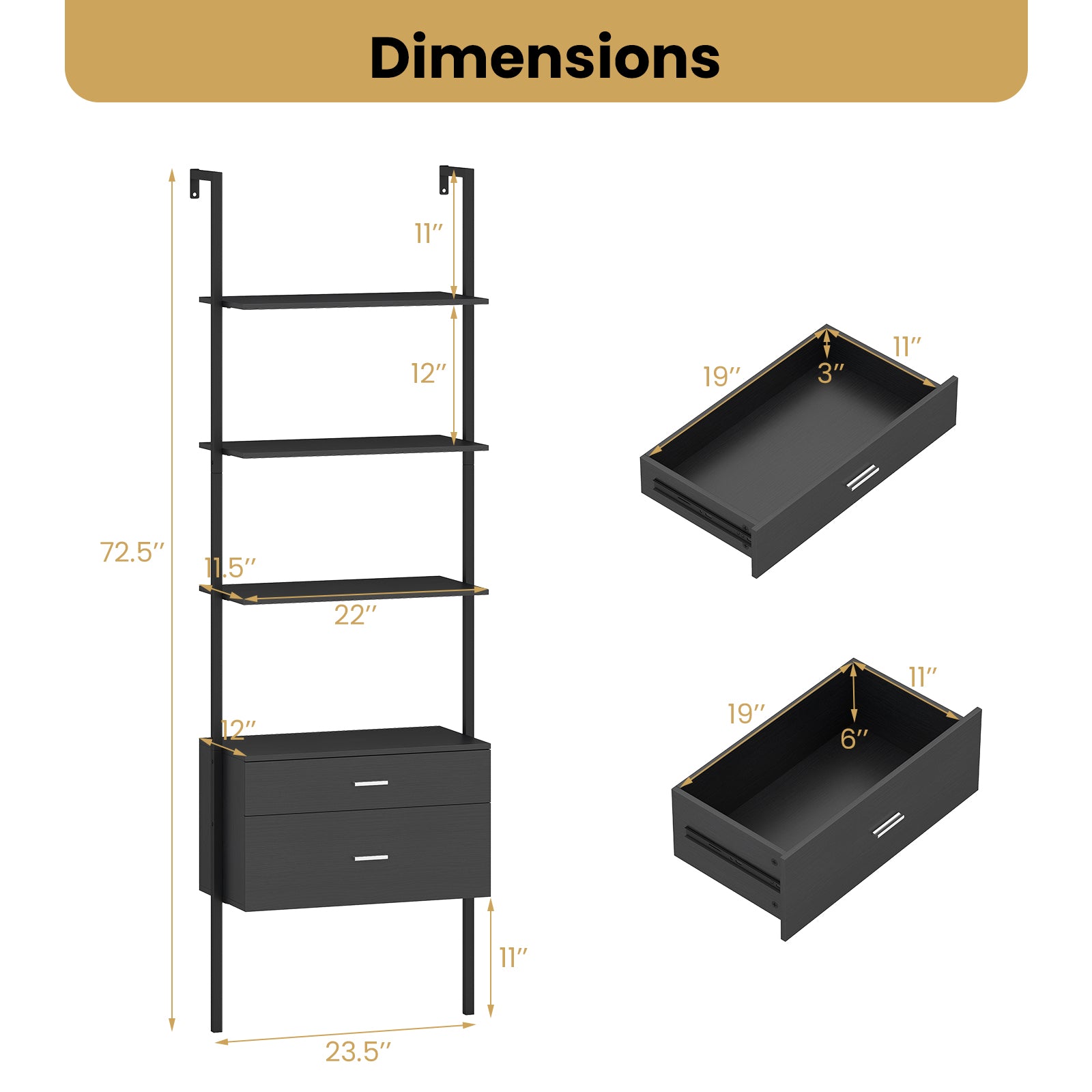 6-Tier Ladder Bookcase with 2 Drawers and Metal Frame, Black Bookcases at Gallery Canada
