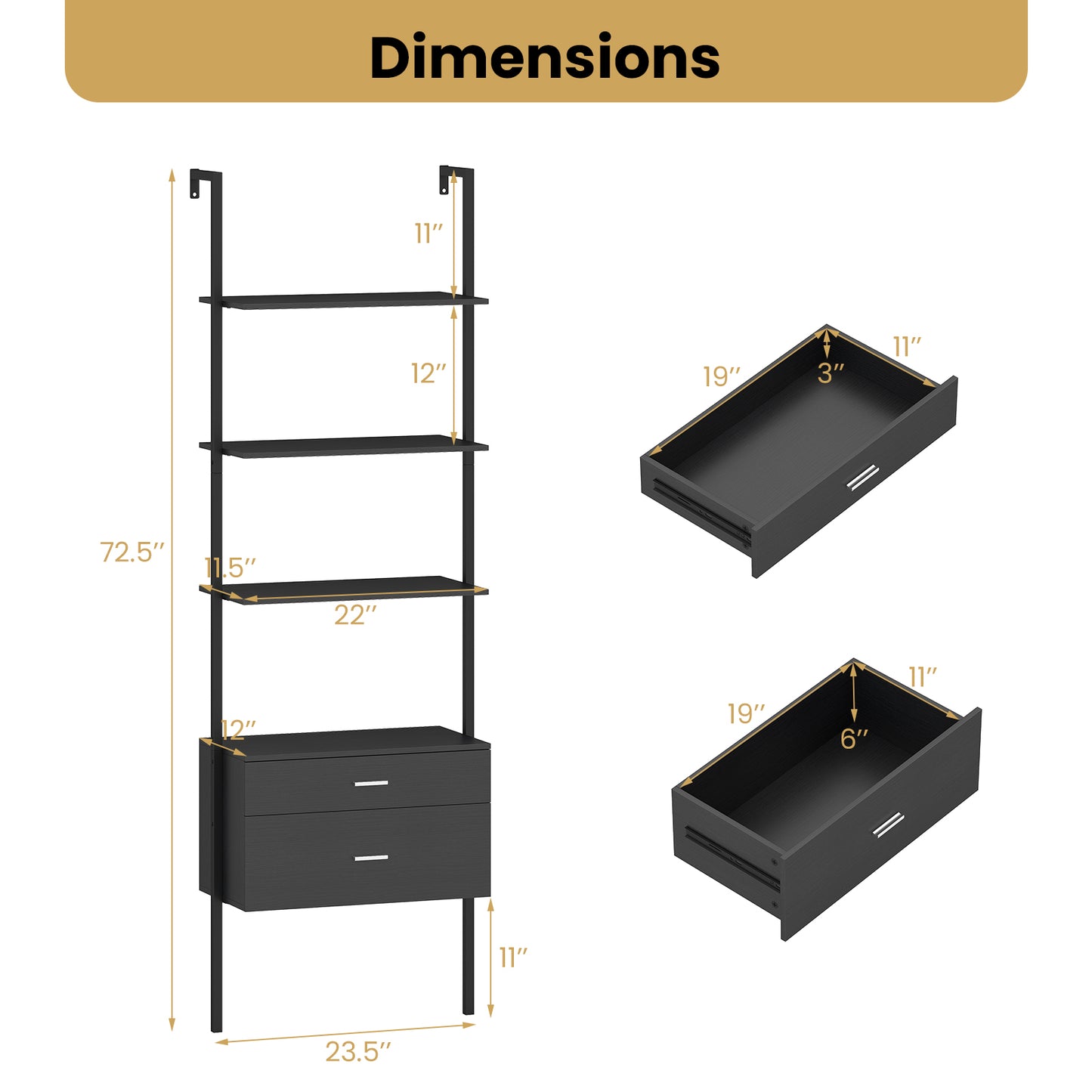 6-Tier Ladder Bookcase with 2 Drawers and Metal Frame, Black Bookcases at Gallery Canada