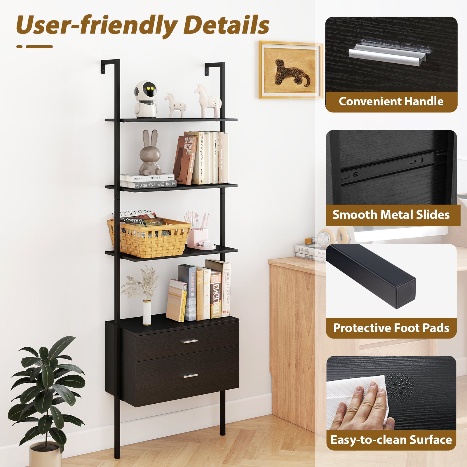 6-Tier Ladder Bookcase with 2 Drawers and Metal Frame, Black Bookcases at Gallery Canada