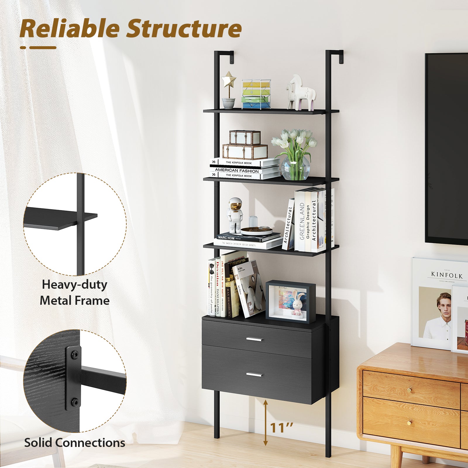 6-Tier Ladder Bookcase with 2 Drawers and Metal Frame, Black Bookcases at Gallery Canada