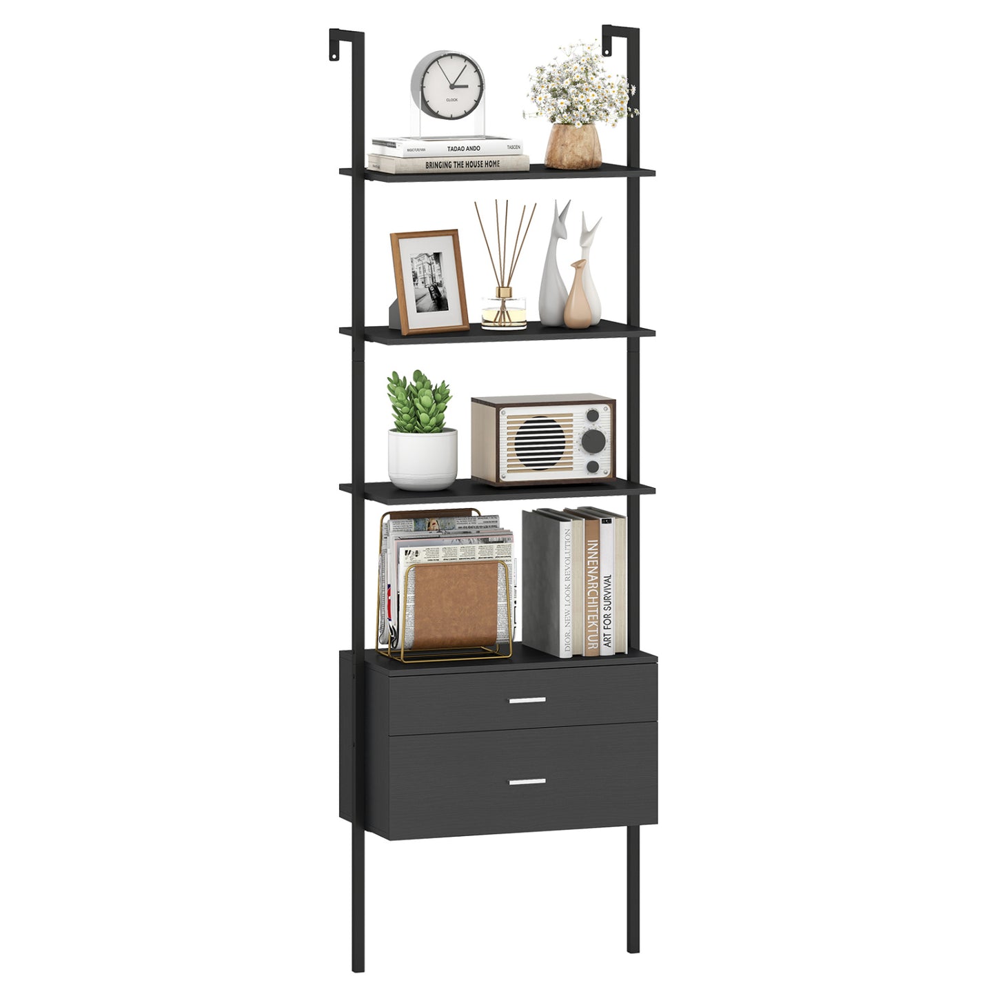 6-Tier Ladder Bookcase, 2 Drawers, Metal Frame, Black Bookcases at Gallery Canada