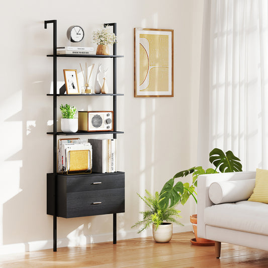 6-Tier Ladder Bookcase, 2 Drawers, Metal Frame, Black Bookcases Black at Gallery Canada