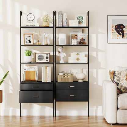 6-Tier Ladder Bookcase, 2 Drawers, Metal Frame, Black Bookcases at Gallery Canada