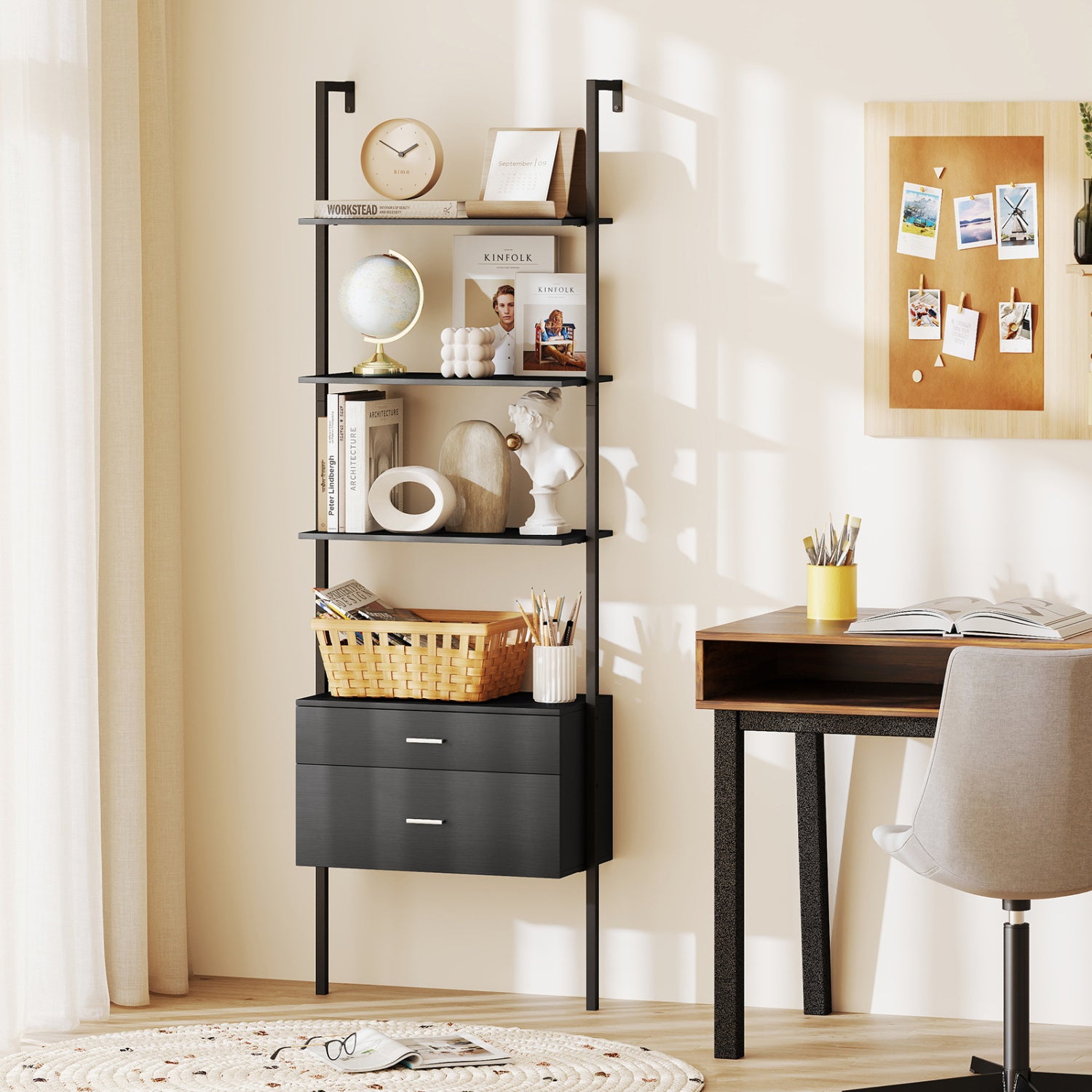 6-Tier Ladder Bookcase, 2 Drawers, Metal Frame, Black Bookcases at Gallery Canada