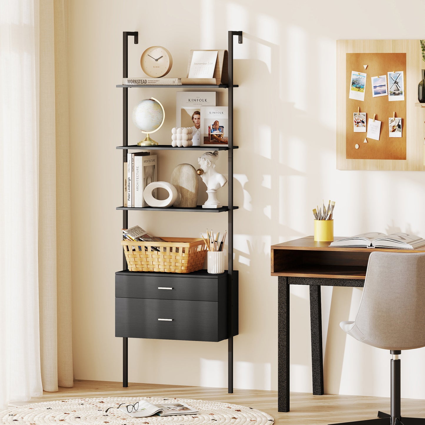 6-Tier Ladder Bookcase, 2 Drawers, Metal Frame, Black Bookcases at Gallery Canada