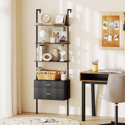 6-Tier Ladder Bookcase, 2 Drawers, Metal Frame, Black Bookcases at Gallery Canada