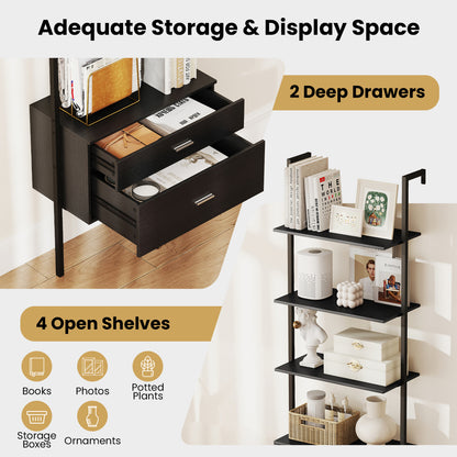 6-Tier Ladder Bookcase, 2 Drawers, Metal Frame, Black Bookcases at Gallery Canada