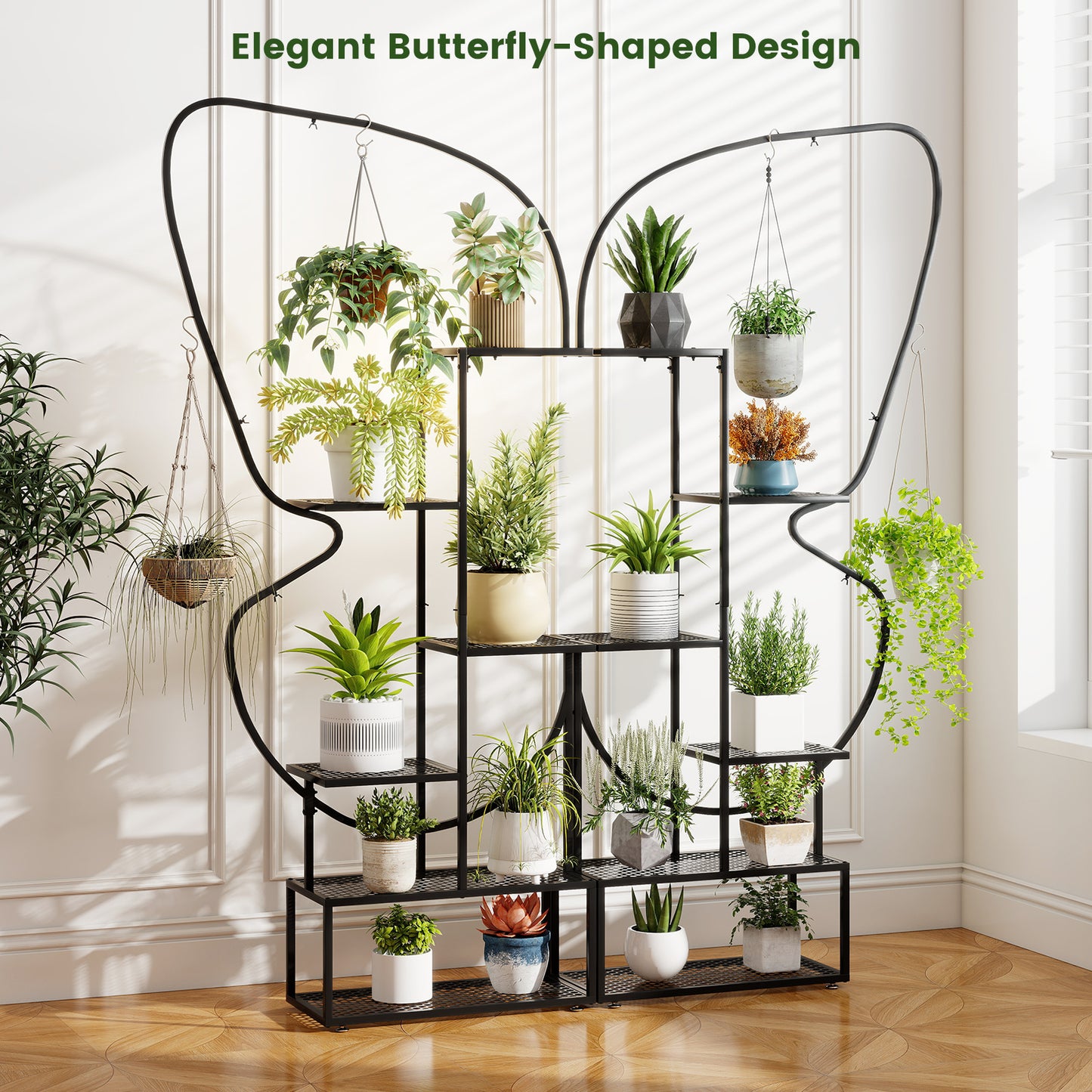 6-Tier Metal Plant Stand Ladder, Display Rack With Hanging Hooks, Black Plant Stands at Gallery Canada